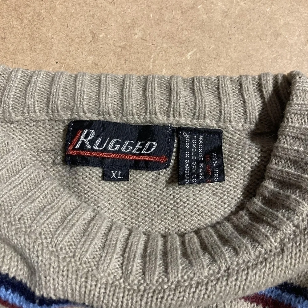 Vintage Rugged Men's XL Grey Striped Knit Sweater Crew Neck Grandpa Winter EUC